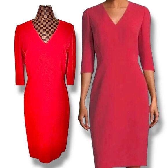 Lafayette 148 Delilah Red Sheath Dress Size 10 V-Neck Knee Length Midi - Picture 1 of 10